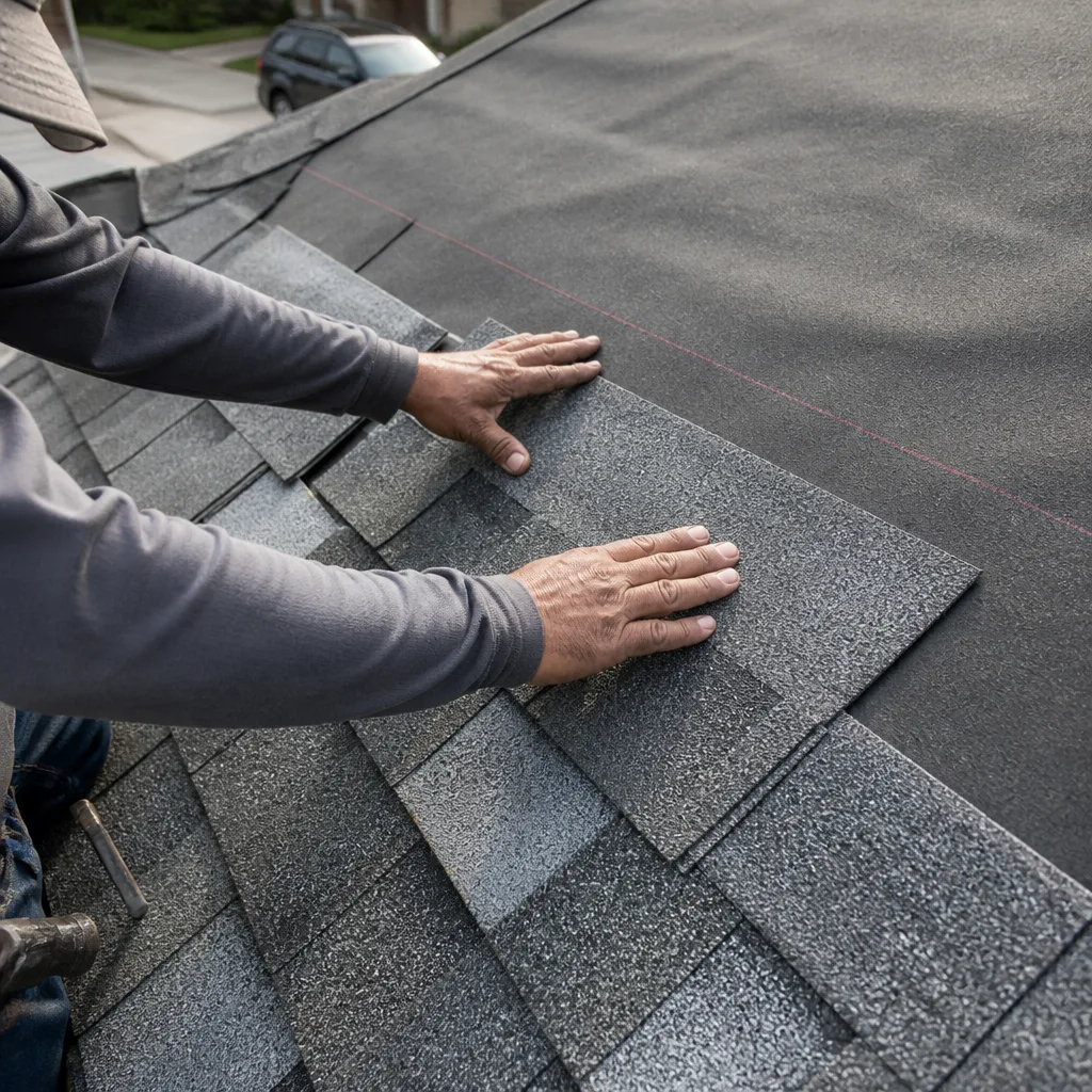 Professional roofer installing new gray asphalt shingles on a roof