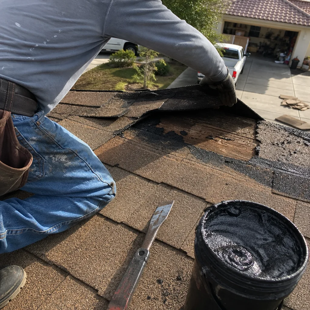 Professional contractor performing shingle roof repair and maintenance