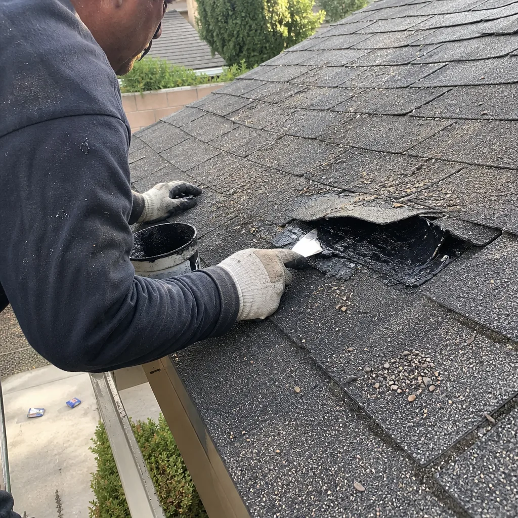 Professional roofer applying sealant to repair damaged shingles on a roof