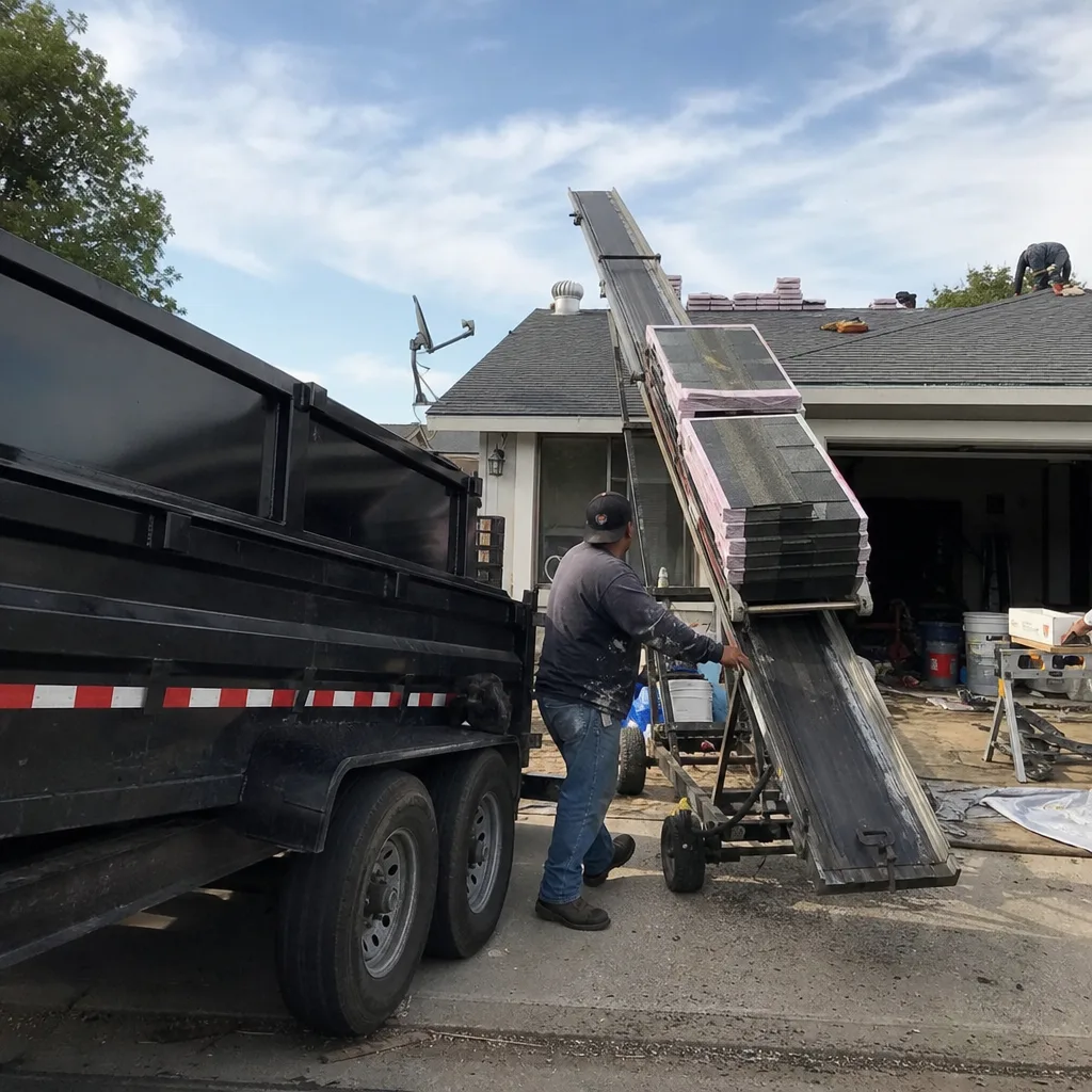 Roofing contractor using a conveyor belt to lift shingles onto a roof