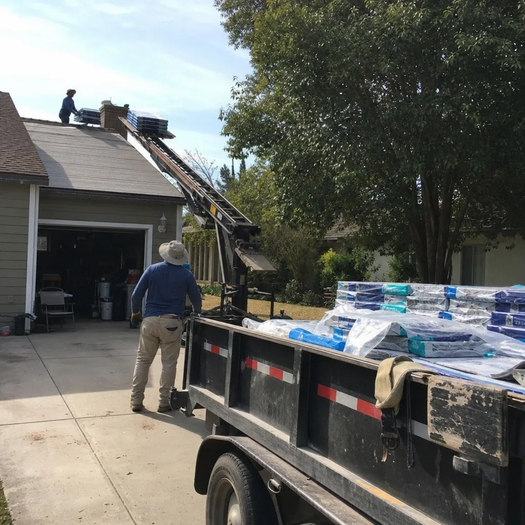 Roofing crew using a conveyor system to load shingles onto a roof