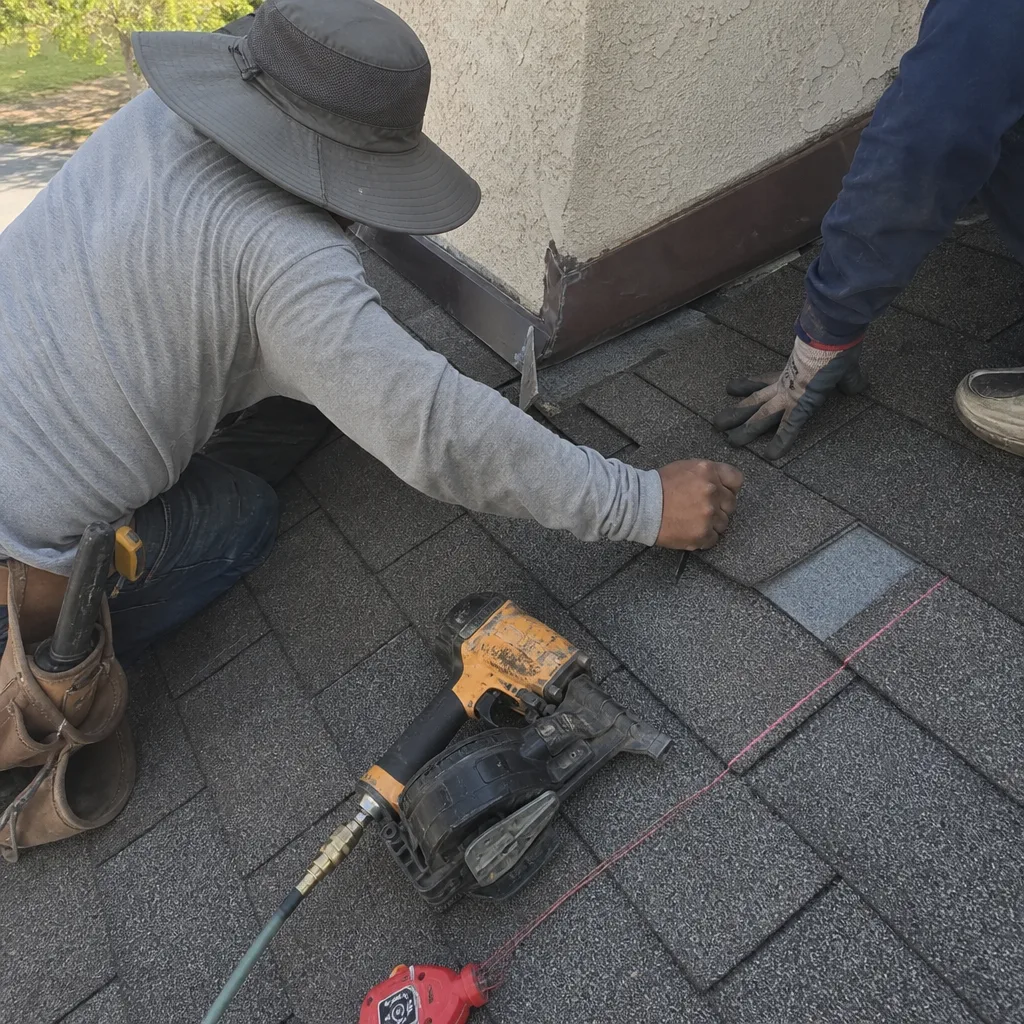 Roofers installing asphalt shingles around a chimney on a residential home
